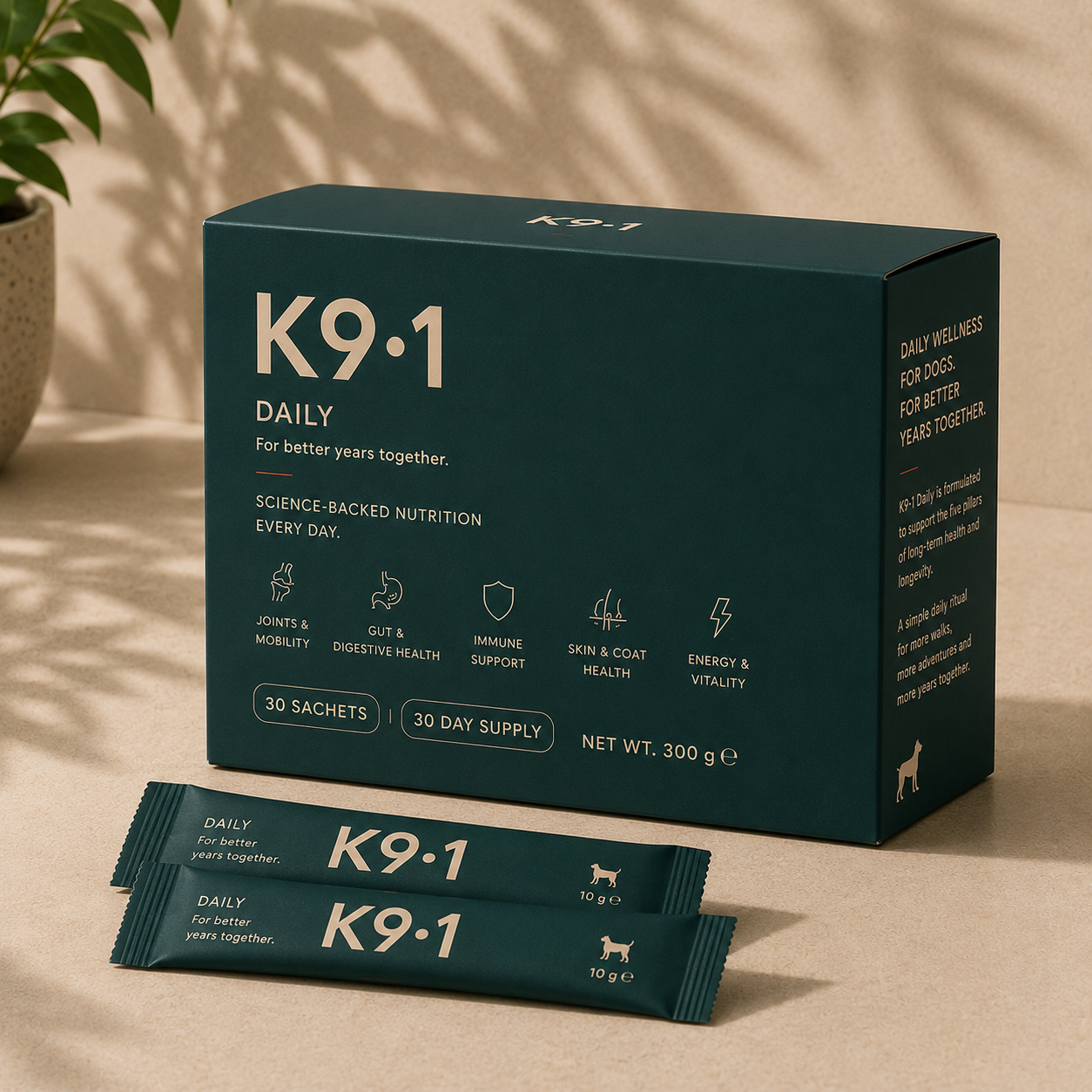 K9·1 Daily box with two sachets on a warm neutral surface